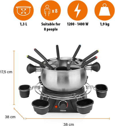 Tristar FO-1109 Fondue 1400W 8 Fonduegabeln Schwarz, Edelstahl mit, mit Saucenring