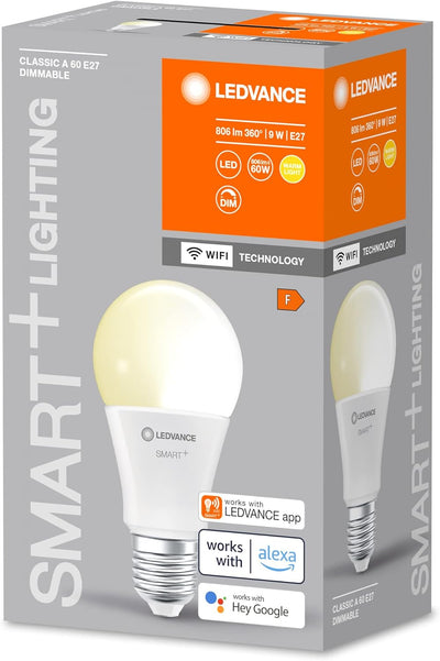 LEDVANCE Smarte LED-Lampe mit WiFi Technologie, Sockel E27, Dimmbar, Warmweiss (2700 K), ersetzt Glü