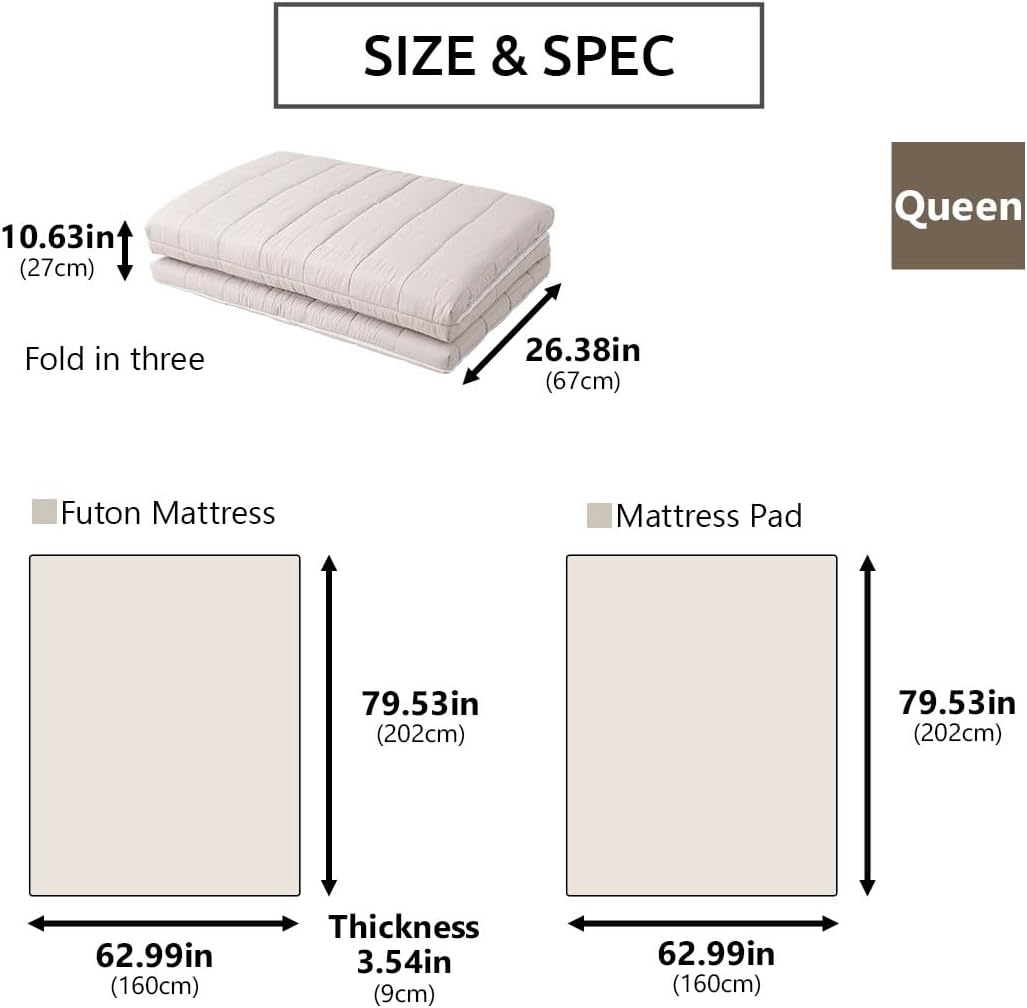 EMOOR Japanische Dreifach Gefaltete Futon-Matratze Machi mit Matratzenauflage 160 x 202 cm Grau, Zwi