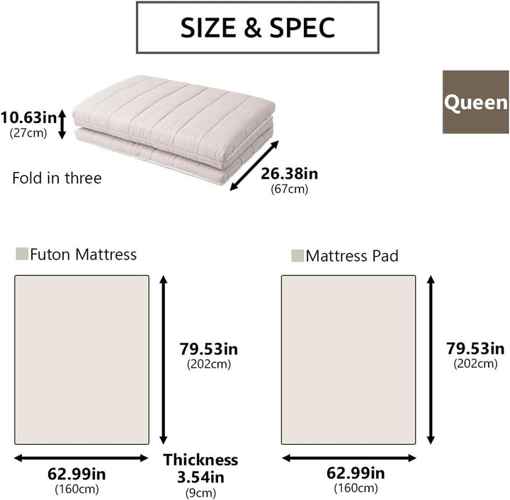 EMOOR Japanische Dreifach Gefaltete Futon-Matratze Machi mit Matratzenauflage 160 x 202 cm Grau, Zwi