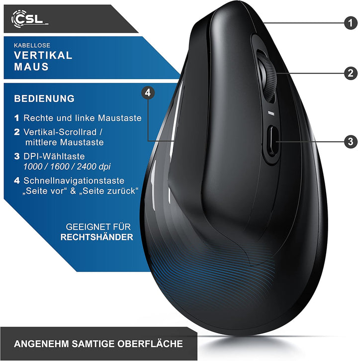 CSL - kabellose Maus Vertikal Funk 2.4 GHz - Neues Modell - USB Vertical Mouse – ergonomisches Desig