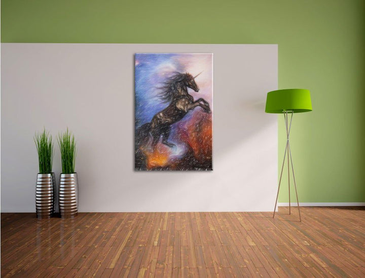 Pixxprint Traumhaftes schwarzes Einhorn Bunstift Effekt, Format: 100x70 auf Leinwand, XXL riesige Bi