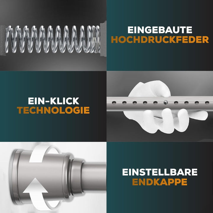 Klemmstange für Gardinen 120-170cm, Grau, Ø 32 mm, Duschvorhangstange ohne Bohren - Vorhangstange zu
