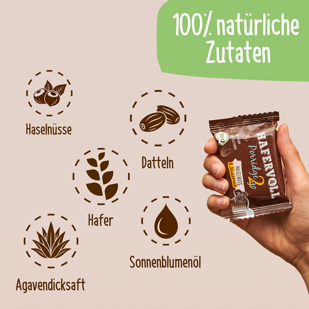 Hafervoll Porridge2go Haselnuss &amp; Nussmus, 13 x 55g Riegel - Vegan, Bio, Glutenfrei, Naschen ohne Zu