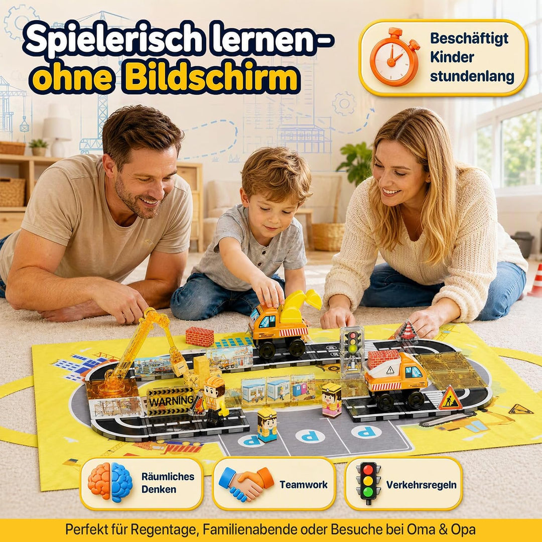 burgkidz Magnetische Bausteine Strassenset 47tlg: Baustelle für Jungen ab 3