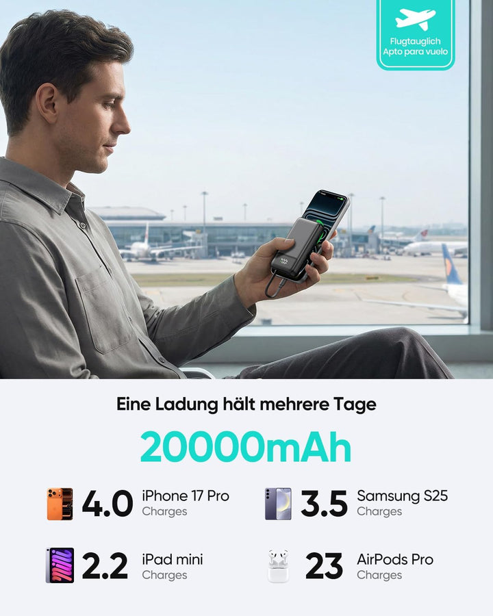 A ADDTOP 20000mAh Power Bank mit 4 integrierten Kabel, Ultra Klein 22,5W Schnellladen Powerbank, PD