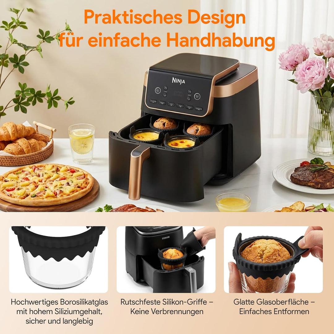4 Stück Glas Muffinform für Heissluftfritteuse, Heissluftfritteuse Antihaftbeschichtet, Wiederverwen
