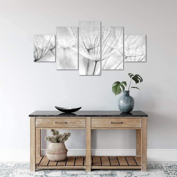 Runa Art Wandbilder Blumen Pusteblume 5 Teilig Bild auf Vlies Leinwand Deko Wohnzimmer Natur Schwarz