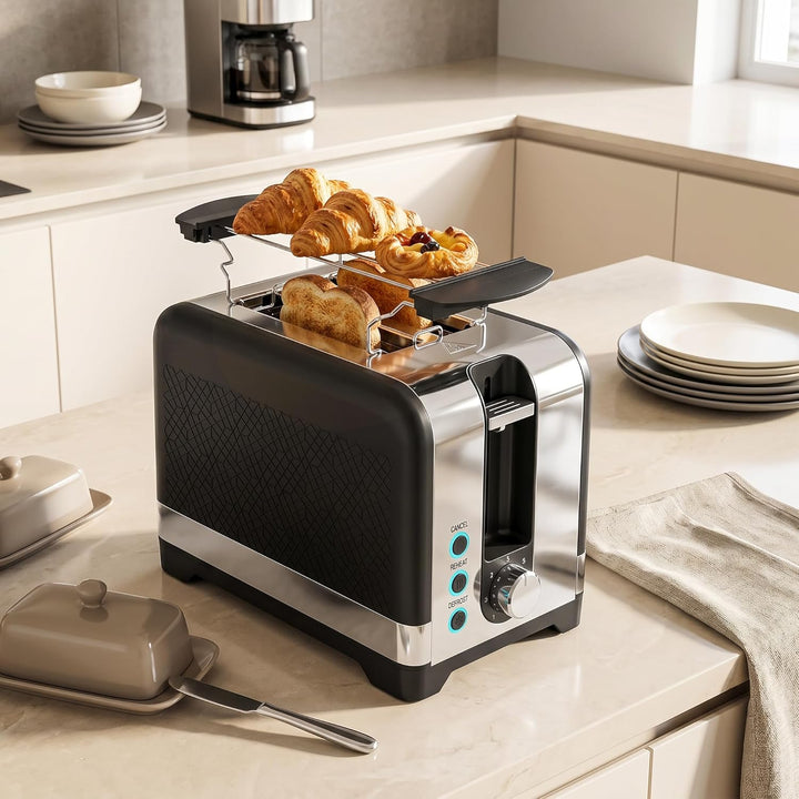 HOMCOM Toaster 2 Scheiben mit 7 Bräunungsstufen, Aufwärmen, Auftauen, Abbruch, Brötchenaufsatz, Selb