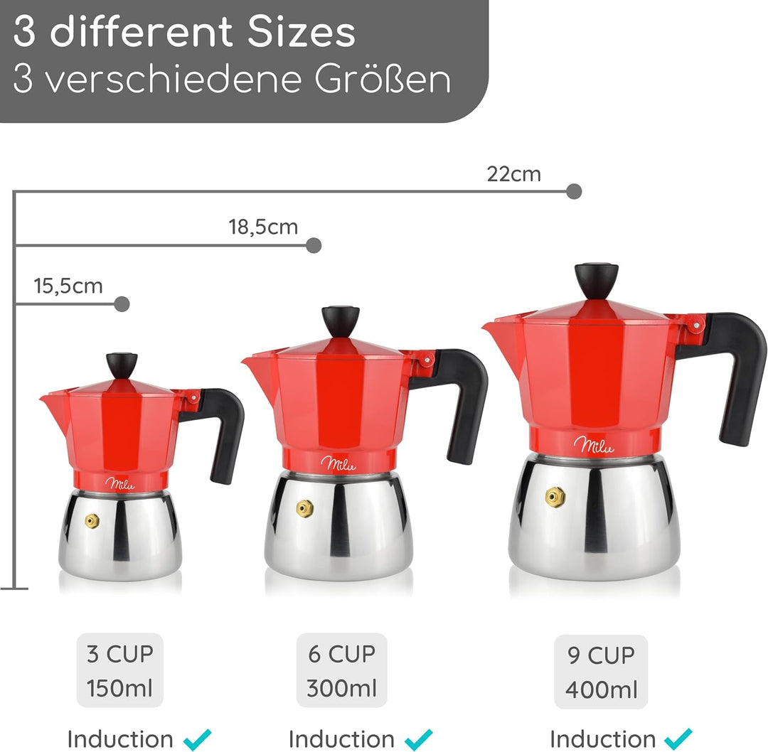 Milu Espressokocher Induktion geeignet | 3, 6, 9 Tassen | Aluminium Mokkakanne, Edelstahl Espressoka