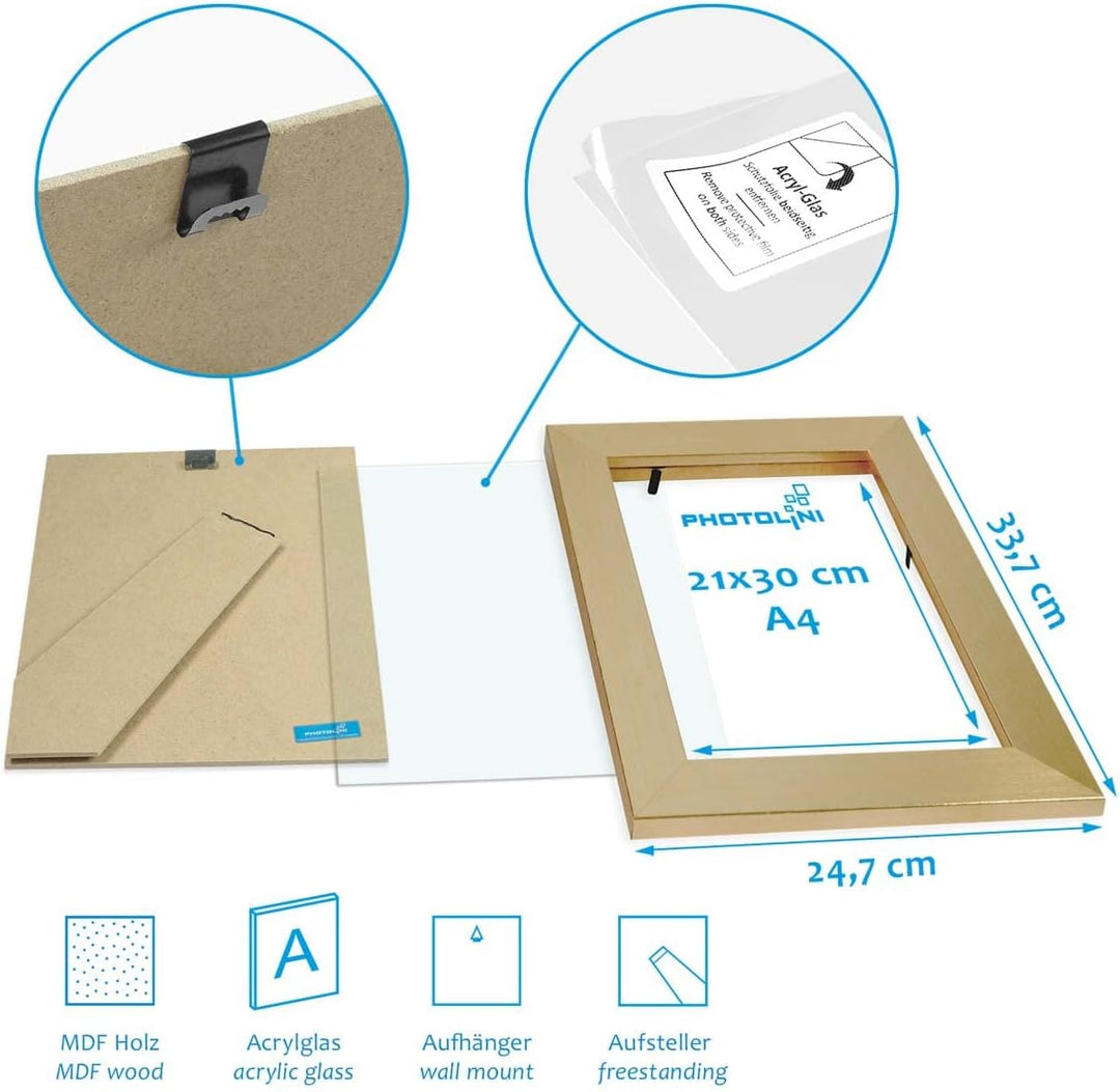 PHOTOLINI Bilderrahmen Set Gold, Fotorahmen Holz MDF, 10er Bilderrahmenset Wand Collage, photo frame