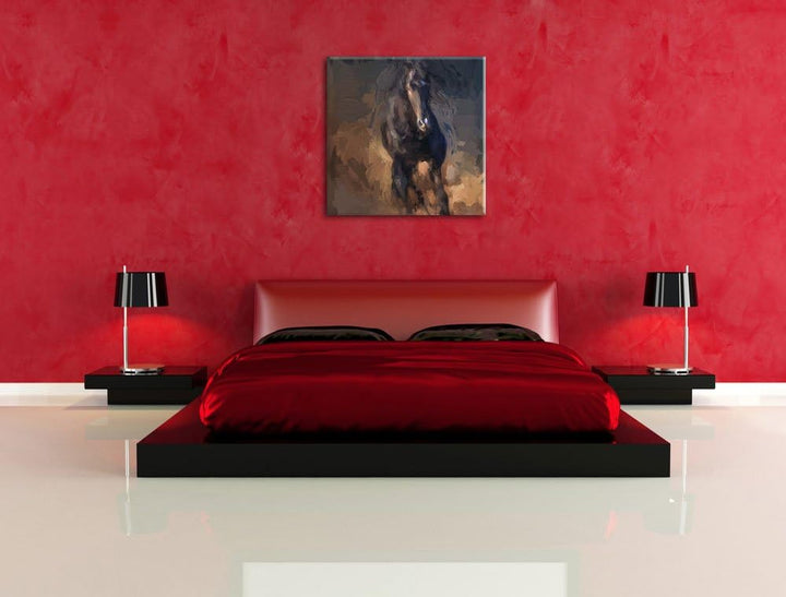 Elegantes schwarzes Pferd Pinsel Effekt, Format: 70x70 auf Leinwand, 70x70