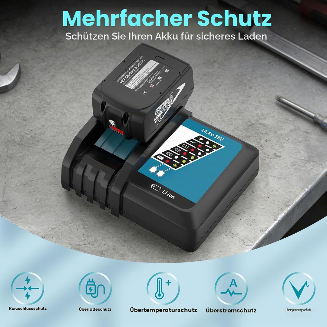 2 Stück 18V 5.0Ah Ersatz für Makita 18V Akku + 3A Ladegerät für DC18RCT für Makita BL1850B BL1850 BL
