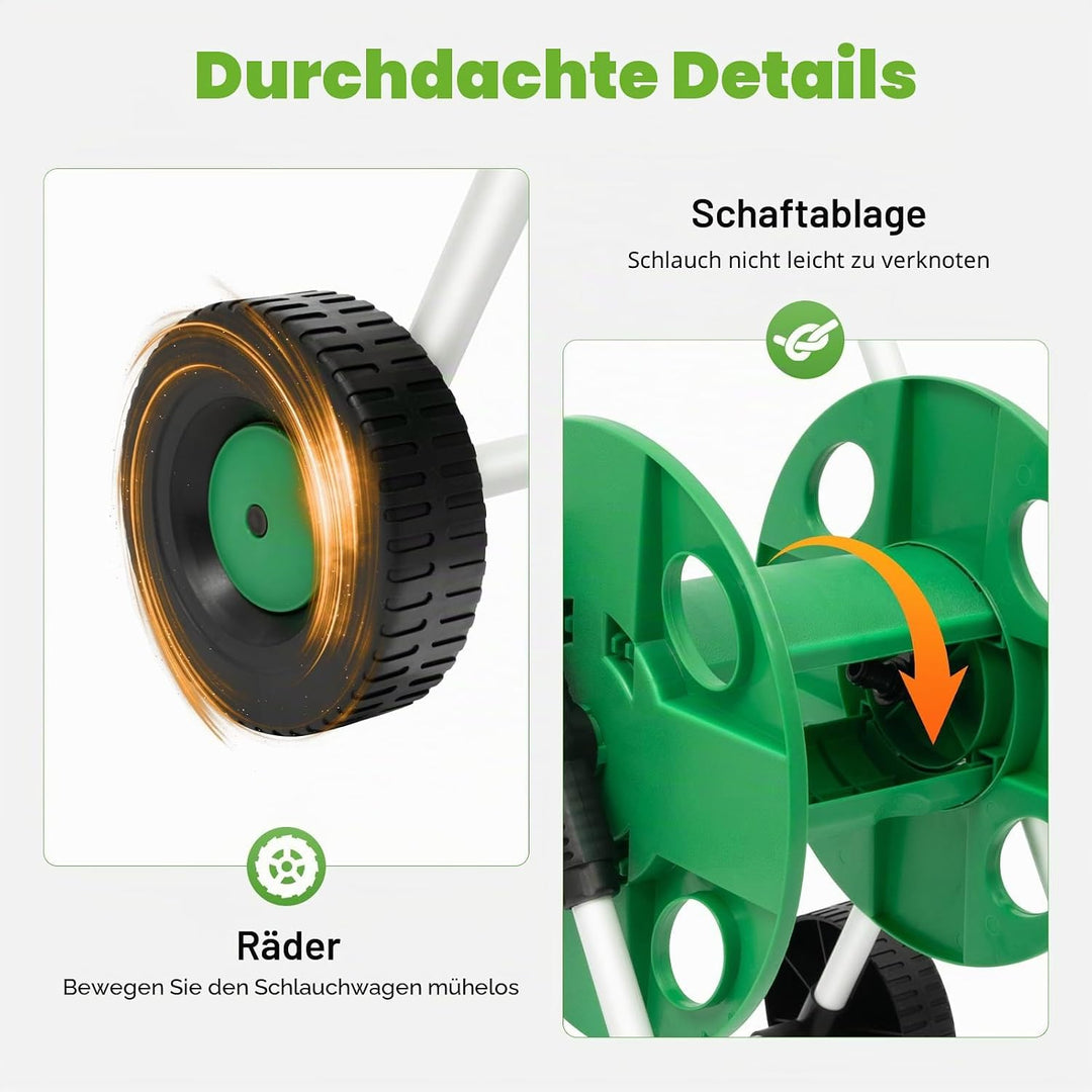 Schlauchwagen Garten 50m, Gartenschlauchwagen mit Handkurbel &amp; 2 Rädern, Schlauchtrommel Kunststoff