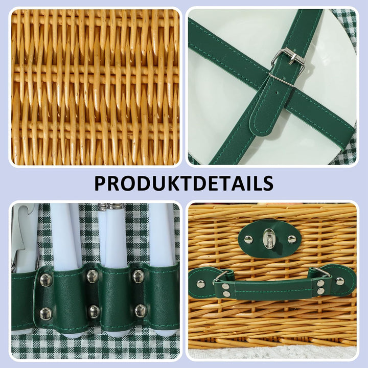 Outsunny Picknickkorb aus Weidenholz Besteck Set mit Isoliert Kühlfach für 2 Personen Picknick Set,