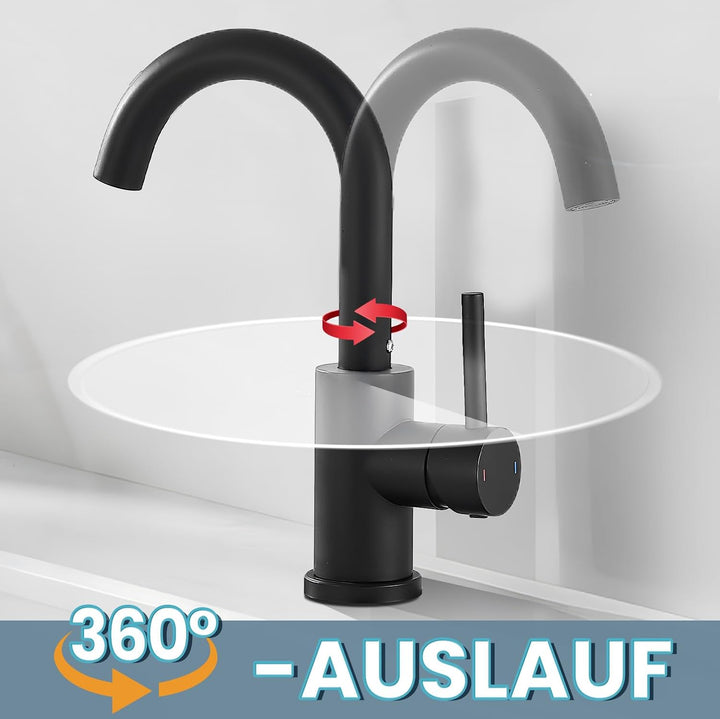 Wasserhahn Bad,Badarmatur/Küche,360°drehbar,Einhebelmischer,Edelstahl Waschbeckenarmatur Schwarz Zwe