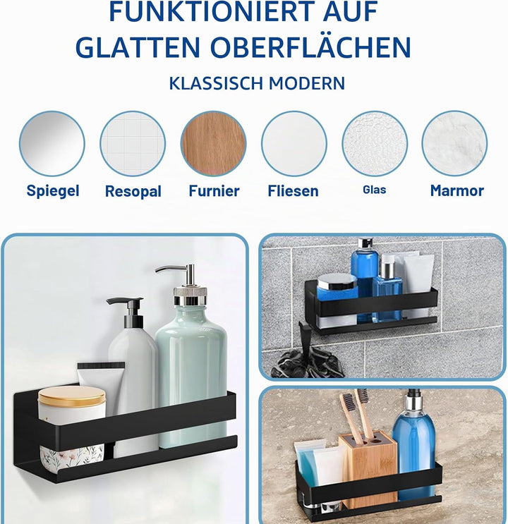 Duschregal Ohne Bohren, Edelstahl Duschablage Schwarz Mit 2 Haken Und Rasiererhalter, Shampoo Halter