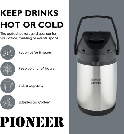 Pioneer Airpot Isolier-Pumpkanne, 3 Liters, Edelstahl-Getränkespender, Beschriftet mit 'COFFEE', Dop