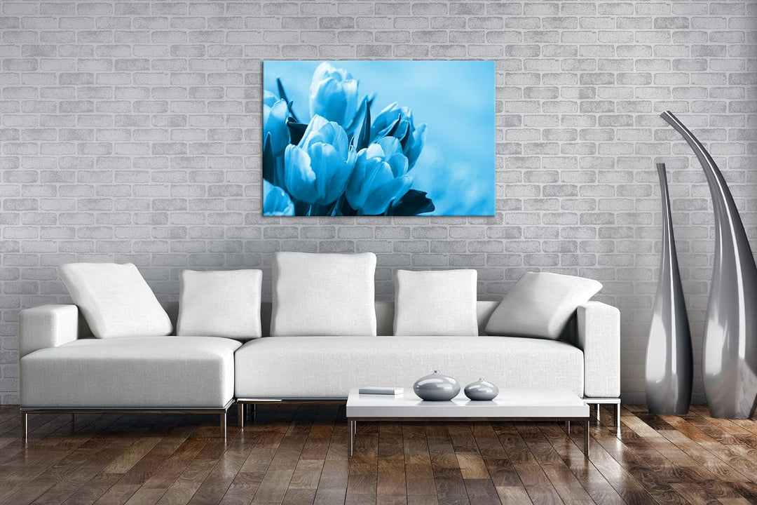 deyoli edle Tulpen Format: 100x70 Effekt: Monocrome Blau als Leinwand, Motiv fertig gerahmt auf Echt