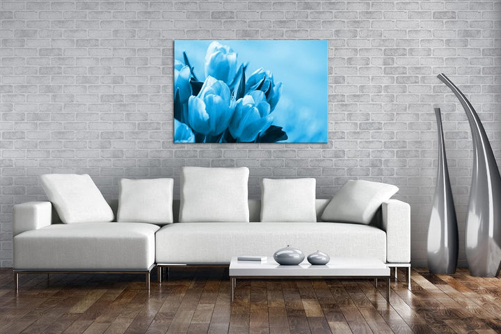 deyoli edle Tulpen Format: 100x70 Effekt: Monocrome Blau als Leinwand, Motiv fertig gerahmt auf Echt