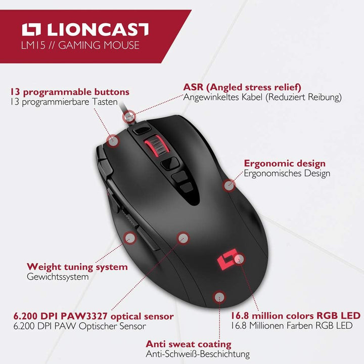 Lioncast ® LM15 Gaming Maus mit Kabel [PROGRAMMIERBARE Tasten] für PC - Beste MMO RGB Beleuchtung -