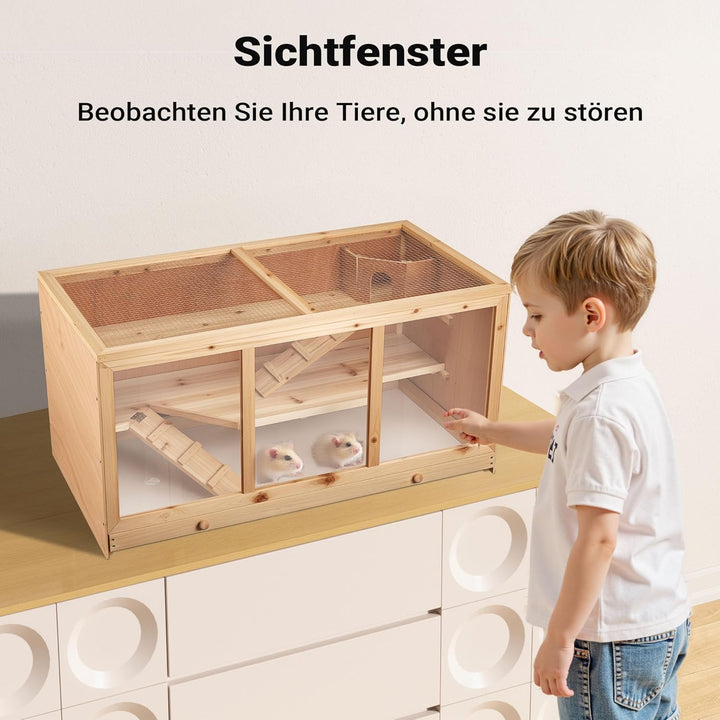 Wiltec XXL 3 Etagen Nagerkäfig, 4-eckig, 1150 x 600 x 580 mm, aus Holz, mit klappbarem Deckel & Sich