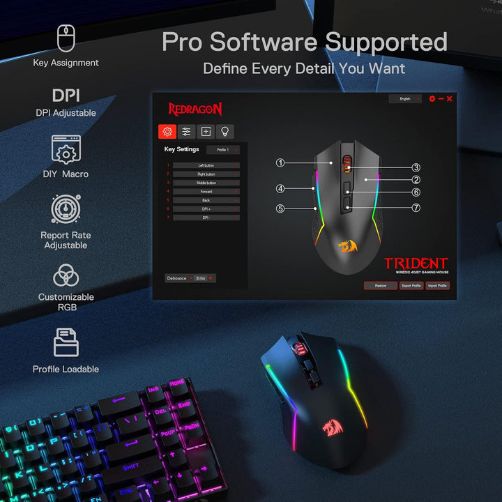 Redragon M693 Wireless Gaming Mouse, 8000 DPI kabelgebundene/drahtlose Maus mit 3-Modi-Verbindung, B