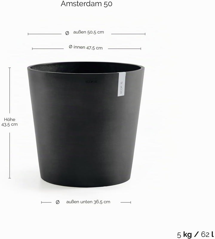 ECOPOTS Blumentopf Amsterdam Dunkel Grau - Durchmesser Ø 50 cm rund gross - Pflanzentopf aus Recycli