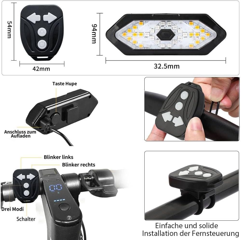 Blinker E Scooter, IPX4 USB Wiederaufladbar E Scooter Blinker mit Funkfernbedienung &amp; Automatische B