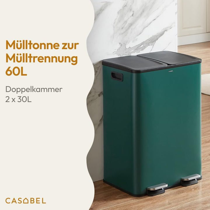 CASABEL Mülleimer Küche Mülltrennung 60L – 2x30L Doppelkammer mit Pedal, Edelstahl Dunkelgrün, Abfal