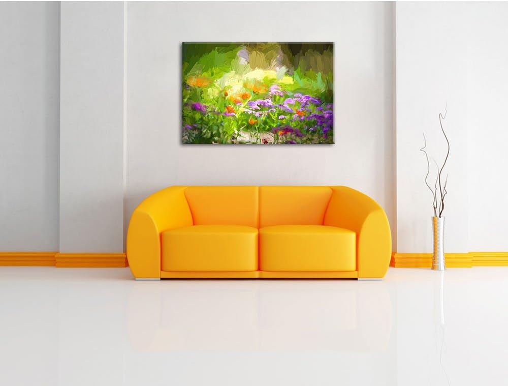 Blumenwiese Pinsel Effekt, Format: 100x70 auf Leinwand, XXL riesige Bilder fertig gerahmt mit Keilra