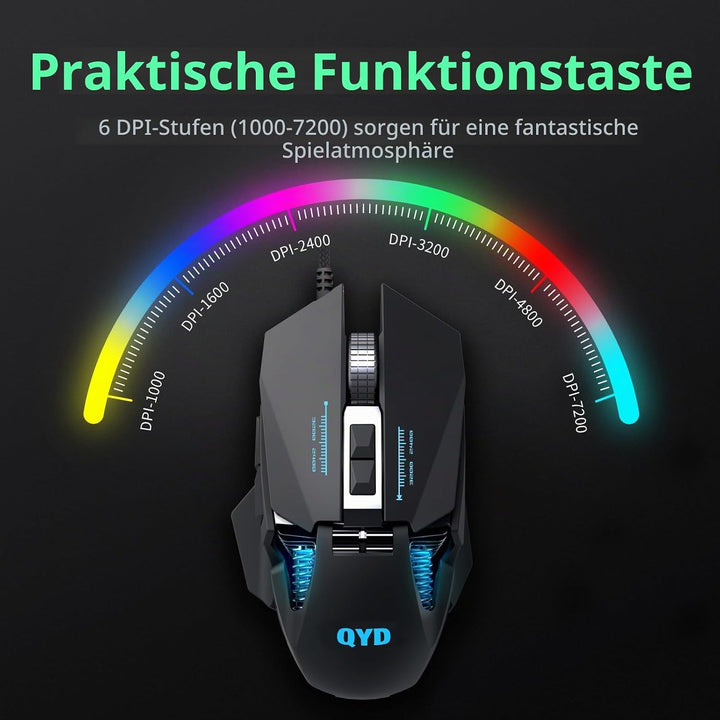 Gaming Maus RGB LED PC Maus Kabel, 7200 DPI Einstellbarer Anpassbare Gewichte Gaming Mäuse Gewichtst