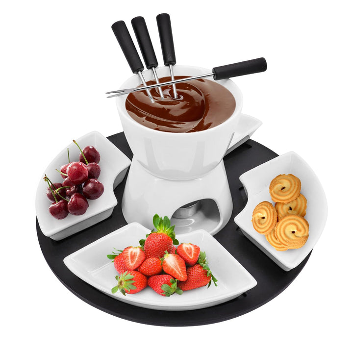 MoYouno Keramik-Schokoladen-Fondue-Topf-Set, Käsefondue-Sets, mit 4 Gabeln und 4 Schalen, Keramik-Bu