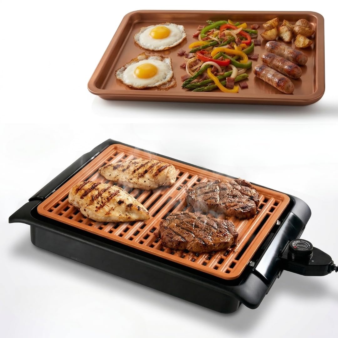 STARLYF Smokefree Grill Copper + Grillplatte, ohne Rauch oder Gerüche, Grill mit Kupfer-Antihaftbesc