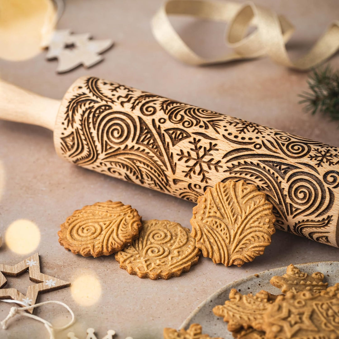 FROST Nudelholz mit Muster Weihnachten Backen - Teigroller Holz für DIY Weihnachten Plätzchen und Ke