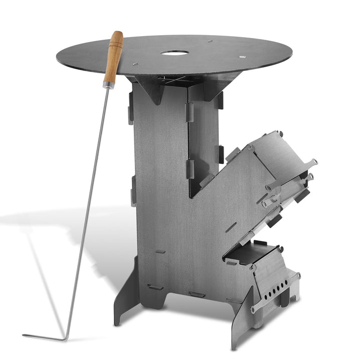 Raketenofen mit Grillplatte gross 5mm, Rocket Stove aus massivem 3 mm dickem Stahl, mit Feuerhaken,
