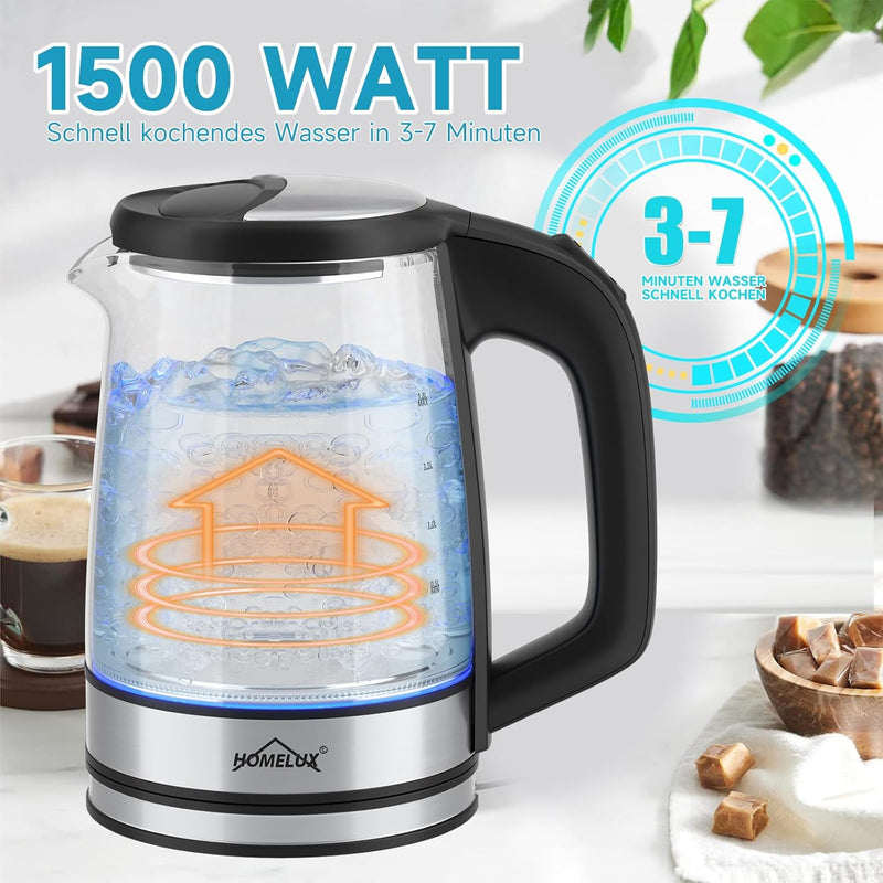 HOMELUX Wasserkocher Glas 1500 Watt 1,8 Liter, Electric Kettle Mit Led-Beleuchtung, Glas wasserkoche