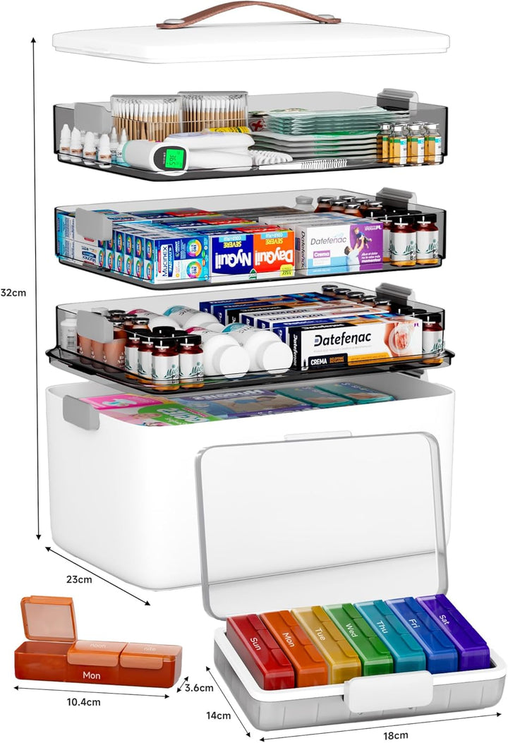 CTIME 4-lagige XXL-Medikamentenbox (Set) – Tragbarer Organizer mit Ledergriff, leerer Aufbewahrungsk
