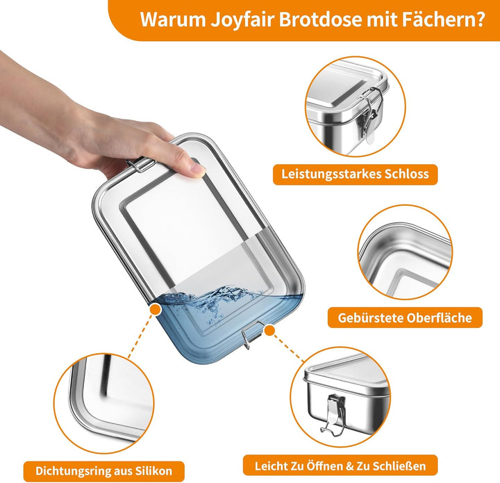 Joyfair Brotdose mit Fächern, 2 Stück Edelstahl Bento Box mit Abnehmbar Fächern für Erwachsene & Kin