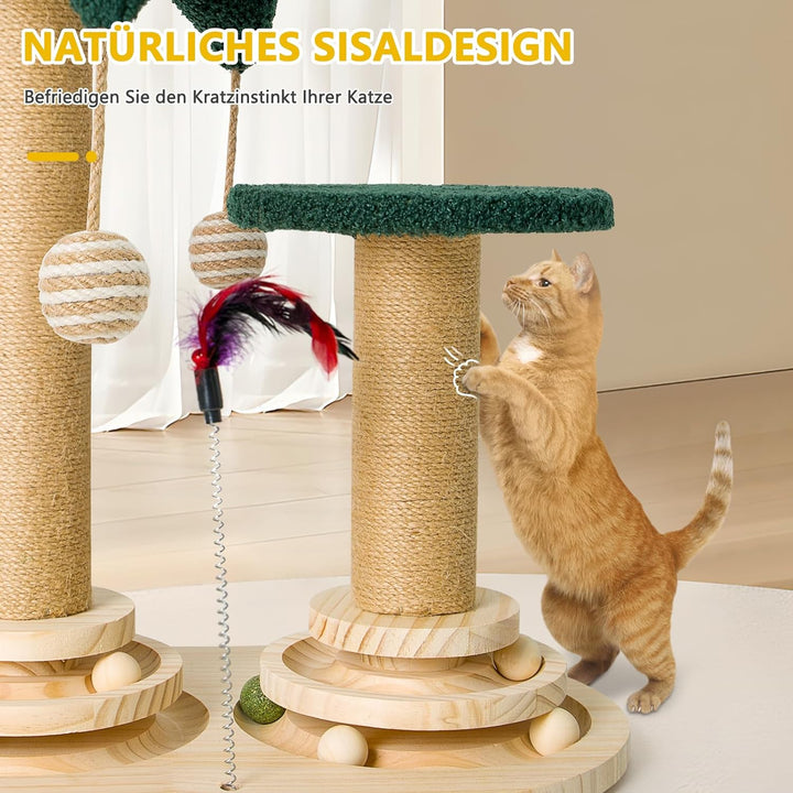 6 in 1 Interaktives Katzenspielzeug, Holz Katzenmöbel mit Hängenden Kugeln, Federn, Drehbar Smart Tr