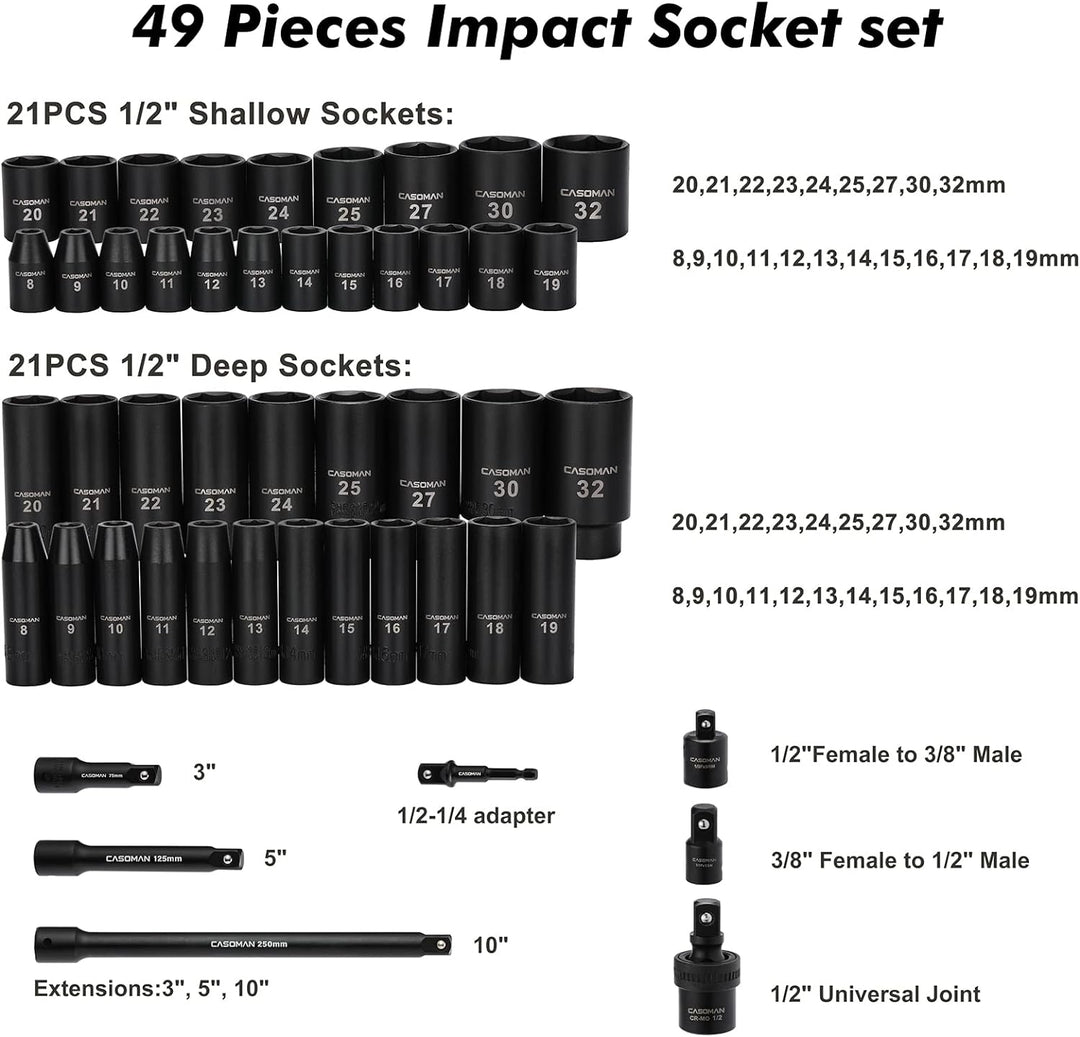 CASOMAN 49PCS 1/2-Inch Drive Impact Socket Set, Deep&Shallow,CR-V, 6 Point, Metric Socket Set, 8mm-3