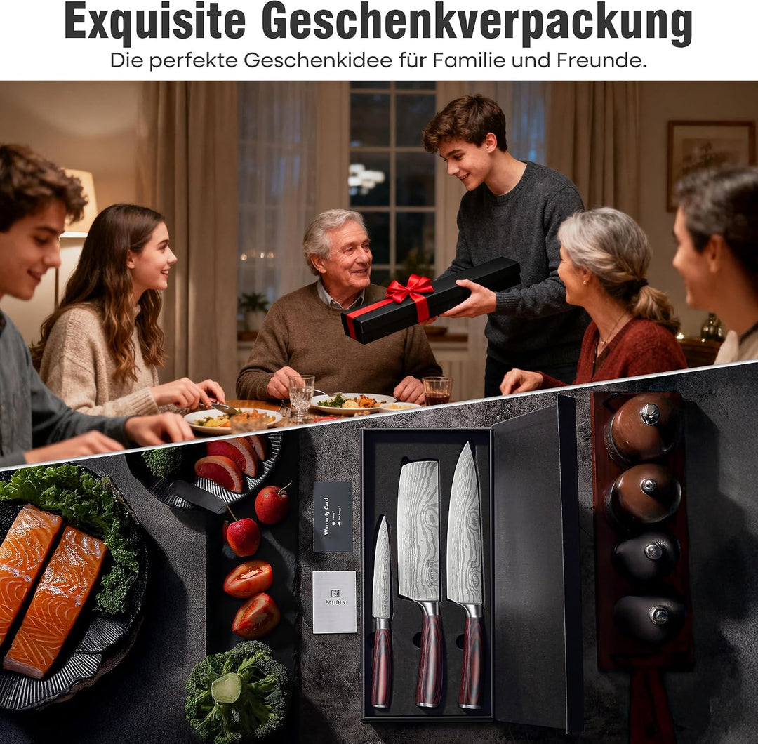 PAUDIN Küchenmesser Set, 3-tlg Messerset aus hochwertigem Carbon Edelstahl, Ultra Scharfes Messer se