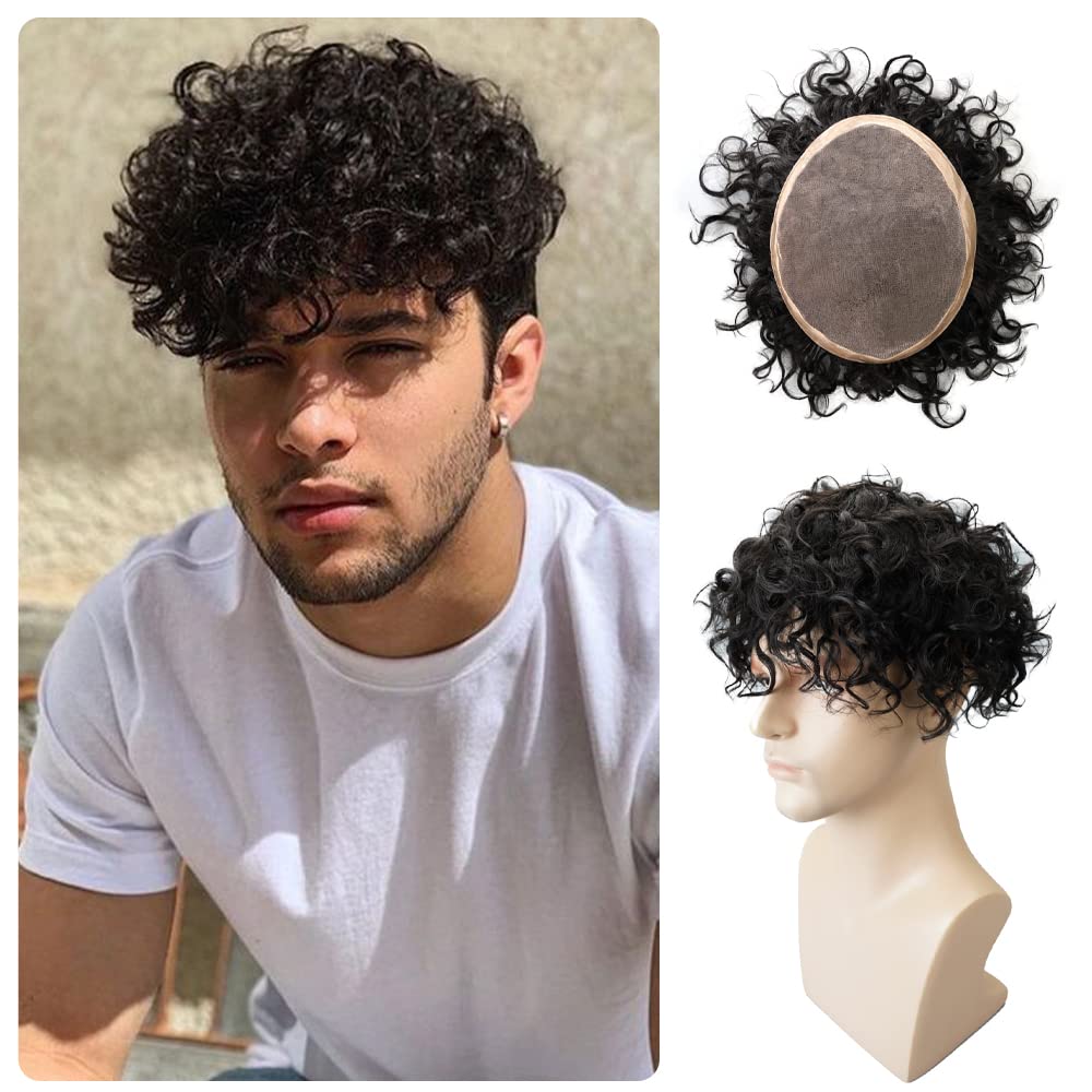 Lordhair Lockige Toupet für Männer, Echthaar-Toupet, Haarersatzsystem(Off Schwarz 1B#) 20*25CM 20 MM