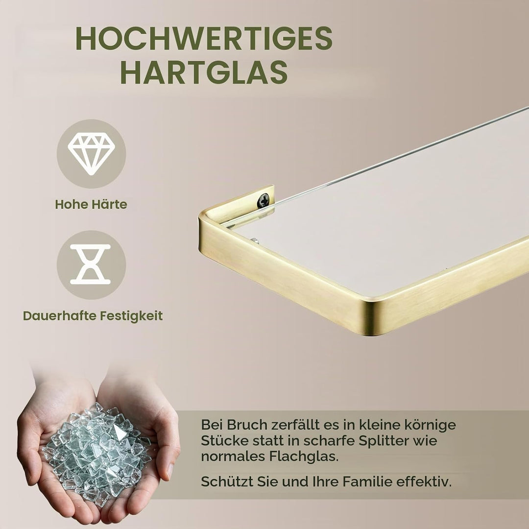 Glasablage mit Reling aus Gebürstetes Gold, Wandablage für das Badezimmer aus Glas und Edelstahl, 45