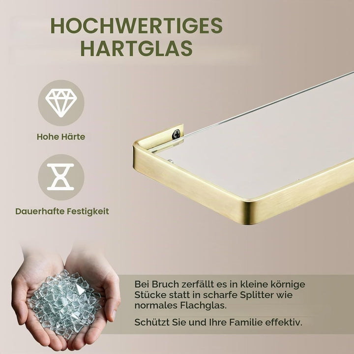 Glasablage mit Reling aus Gebürstetes Gold, Wandablage für das Badezimmer aus Glas und Edelstahl, 45