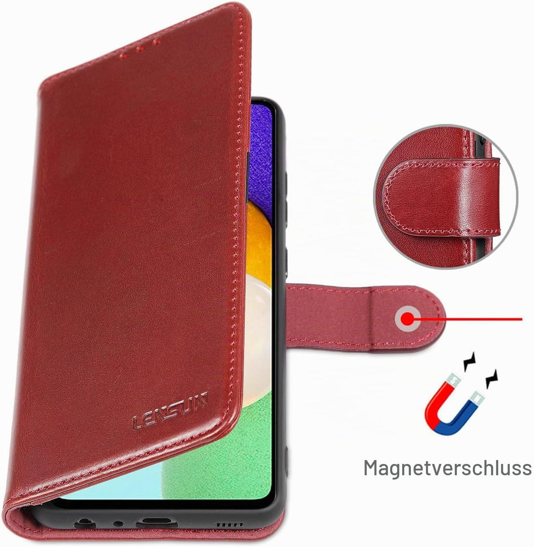 LENSUN Echtleder Hülle für Samsung Galaxy A52, A52s 5G Handyhülle [Echtes Leder] [Magnet] Flip Leder