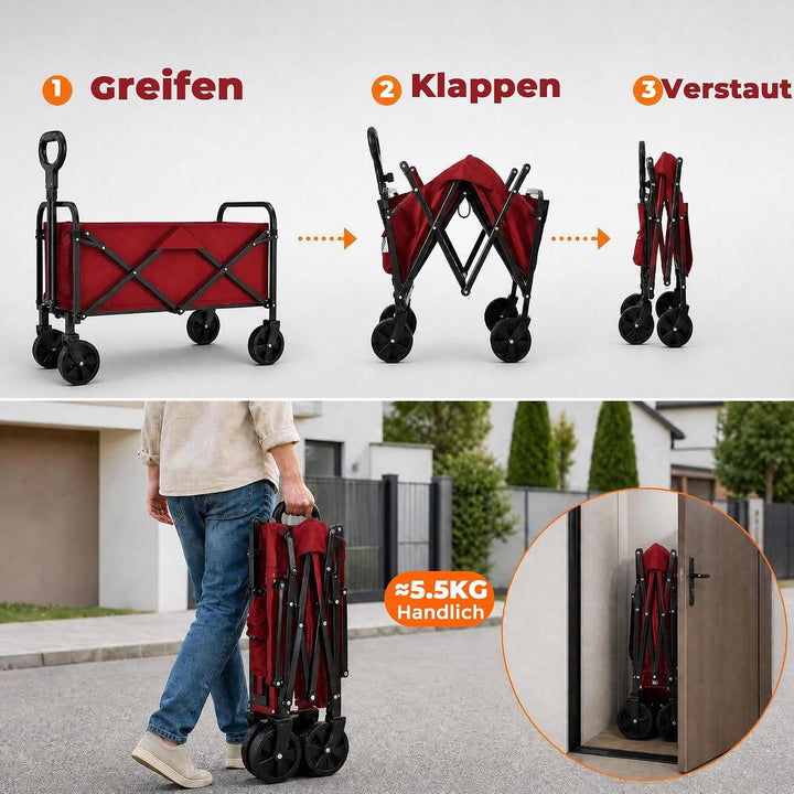 Garvee Bollerwagen Faltbar 220 L, Handwagen bis 172 kg, 600D Oxford + Stahlrahmen, 5-Zoll All-Terrai