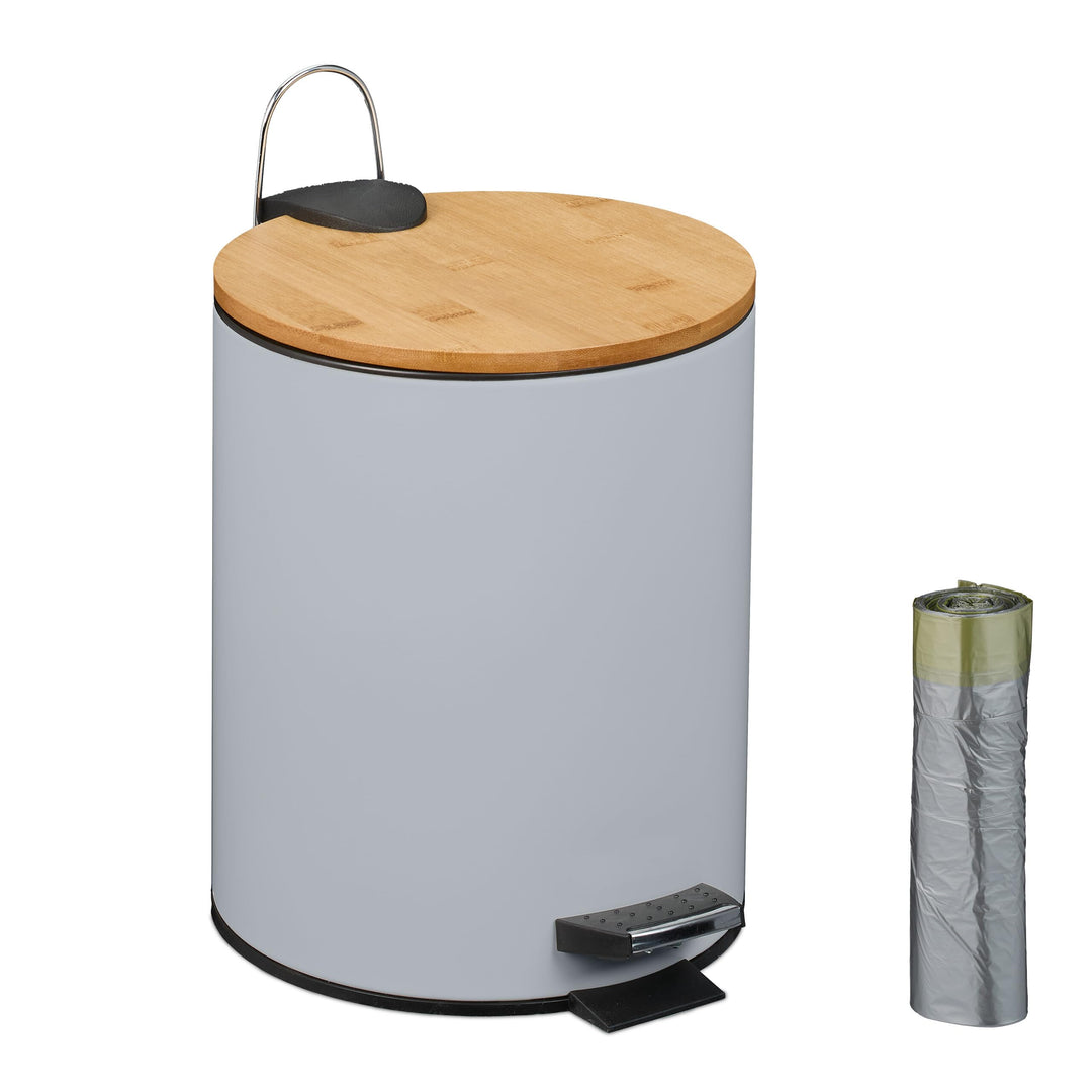 Relaxdays Kosmetikeimer 5 L, Absenkautomatik, Inneneimer entnehmbar, Badmülleimer, Metall, Bambus, m