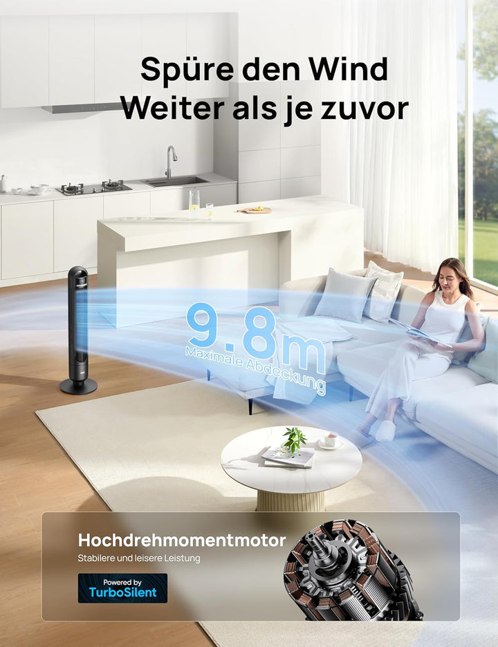 DREO Smart Turmventilator fürs Schlafzimmer, leiser Standventilator mit 28 dB, Luftreichweite bis 8,