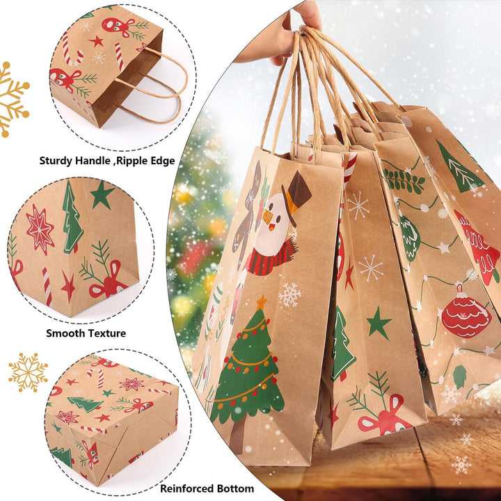 24 Stück Papiertüten Weihnachten Geschenktüten mit Henkel, Braun Weihnachtstaschen Weihnachtsgeschen